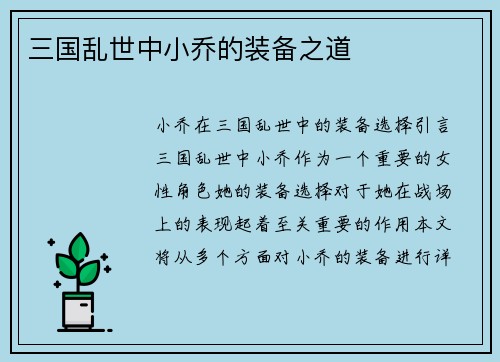 三国乱世中小乔的装备之道