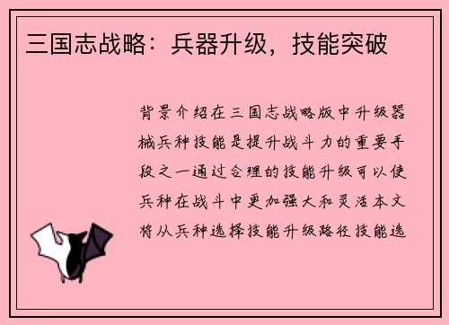 三国志战略：兵器升级，技能突破